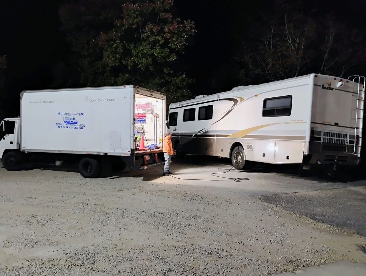 Night tire service on an RV motorhome